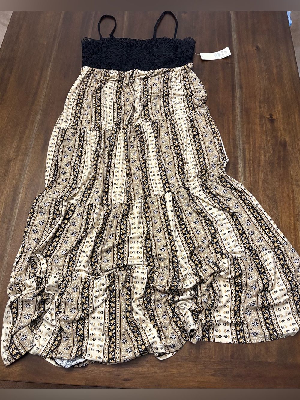Boho Tiered Cream and Black Maxi Dress with Crochet Top